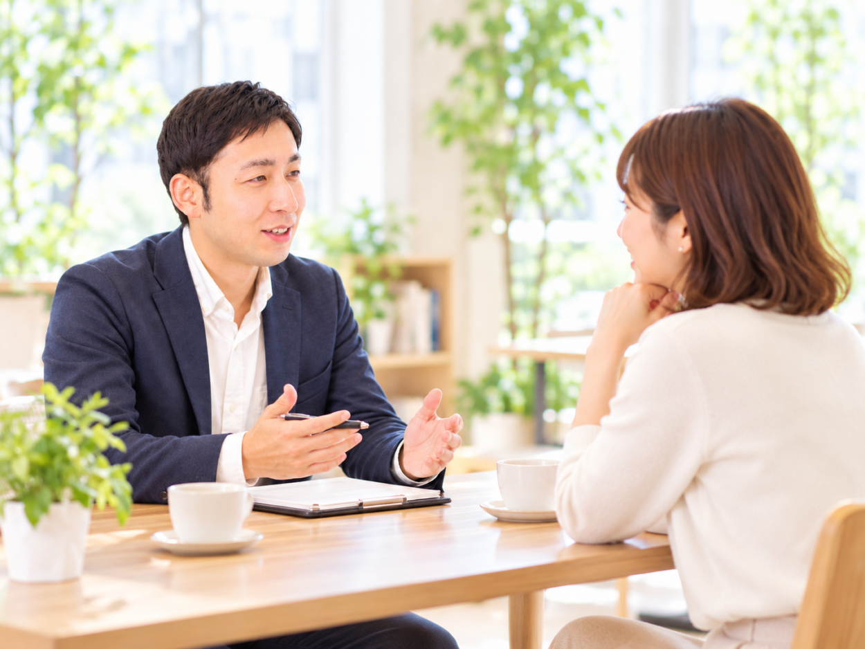 明るいカフェ風の空間で、30代男性カウンセラーに婚活相談をする30代女性