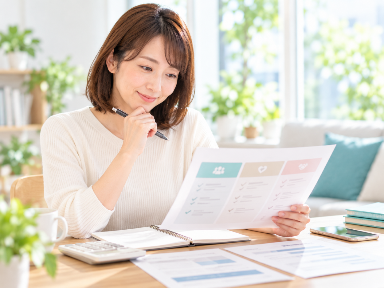 資料を見ながら、IBJの結婚相談所の料金やサポート内容を比較する30代女性